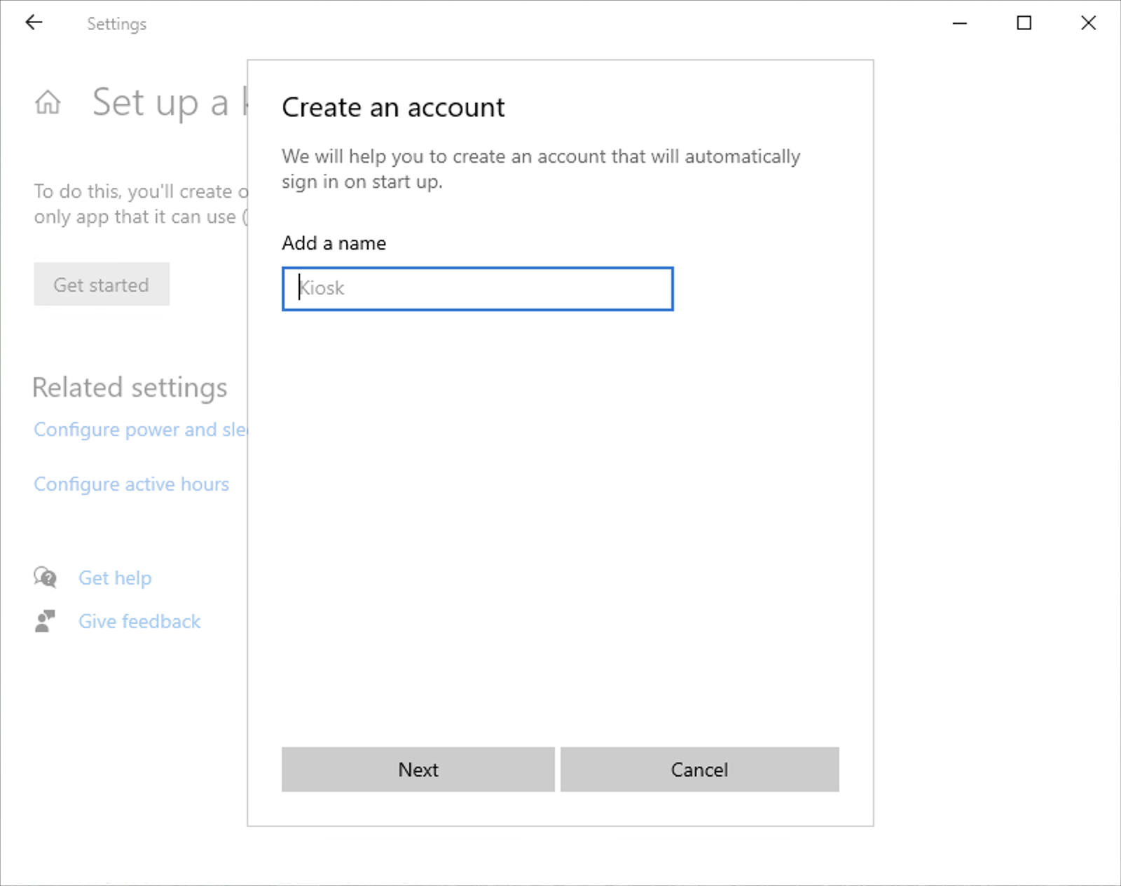 Saisir un nom pour le nouveau compte utilisateur Kiosque