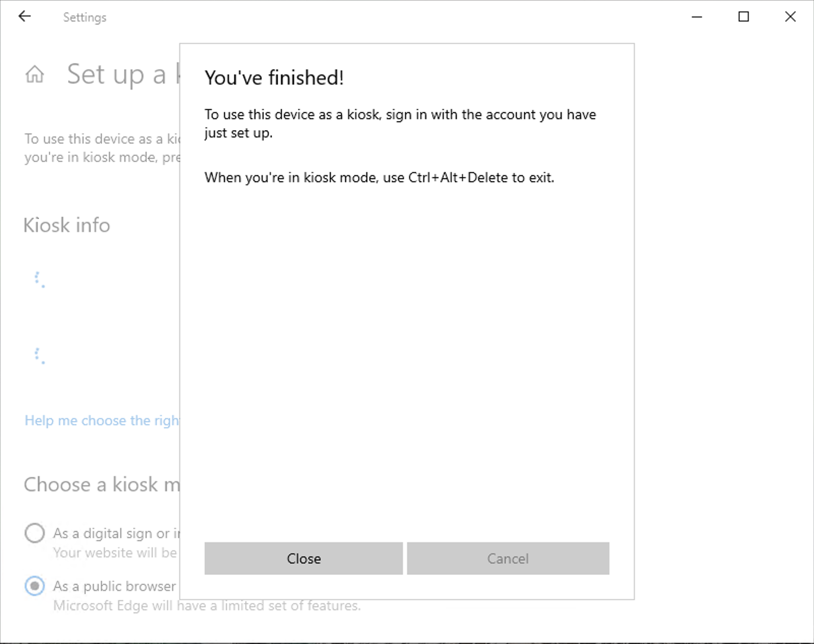 "Boîte de dialogue "Vous avez terminé