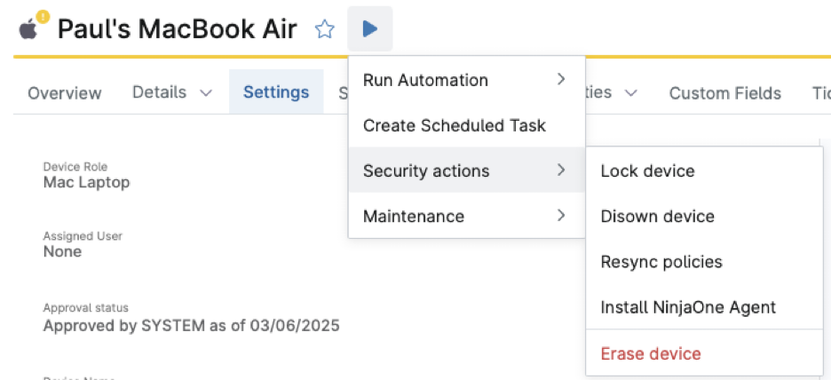 Schermata del dispositivo iscritto al MacBook Air di Paul