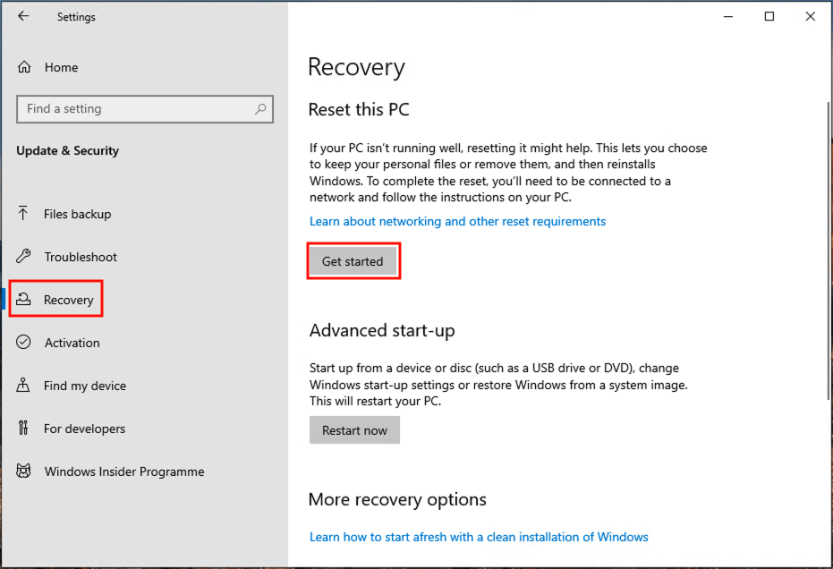 Settings and Recovery UI within Windows