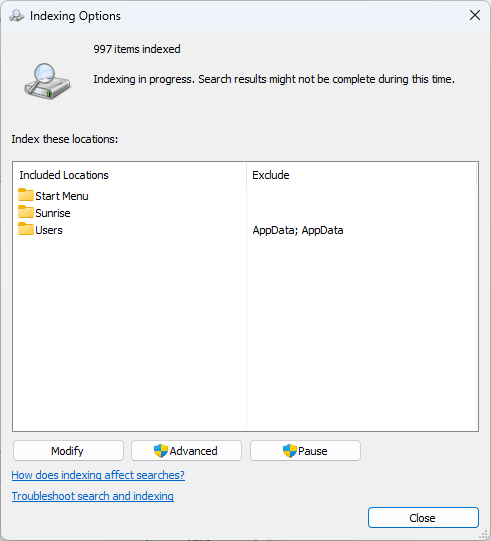 Indexing options prompt