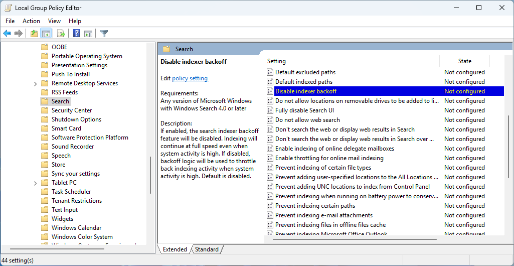 Locate&nbsp;Disable indexer backoff&nbsp;in the Settings list