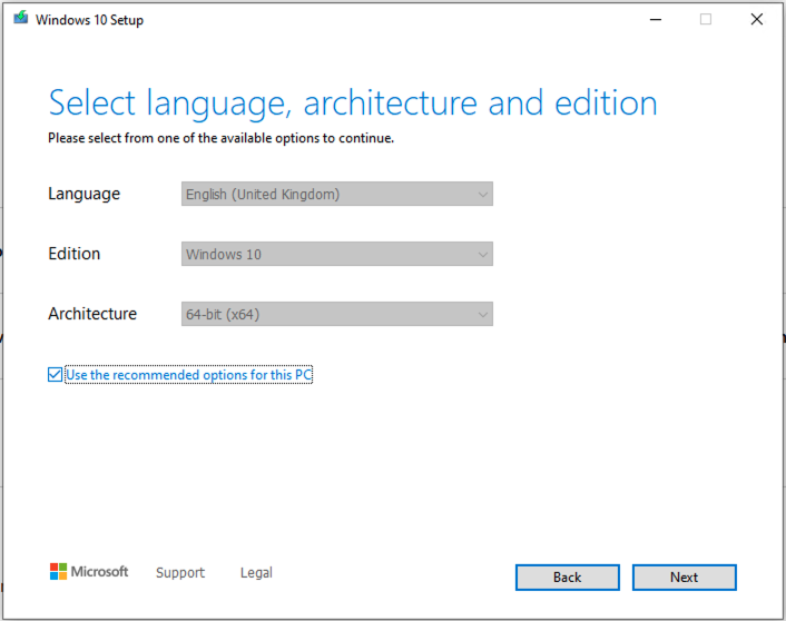 Select language, architecture and edition window