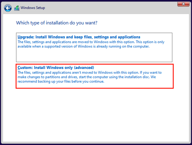 Select Custom as the installation type