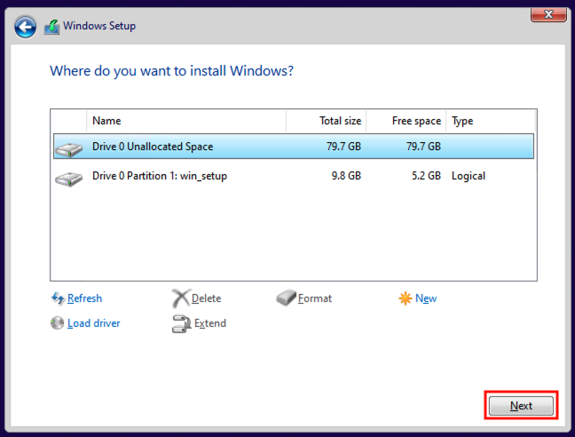Click on the Unallocated space and click Next to create a new partition