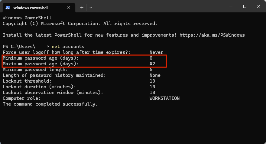 view the currently configured minimum and maximum password ages from the Command Prompt or PowerShell