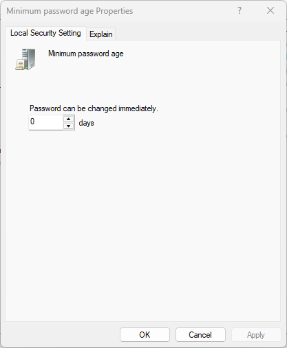 Minimum password age properties