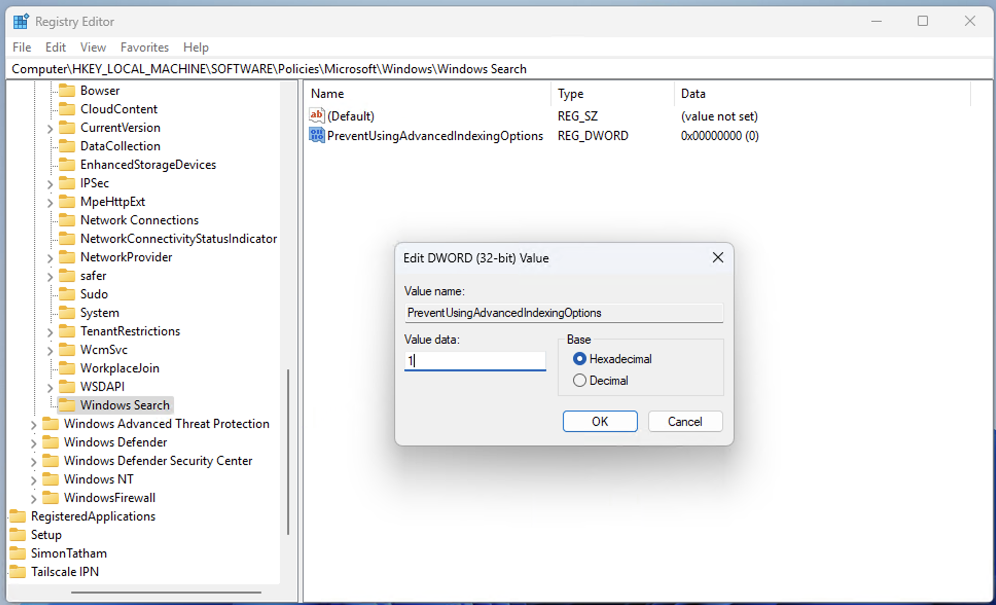 Double-click on the PreventUsingAdvancedIndexingOptions DWORD and set its value to 1