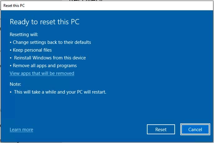 Ready to reset this PC window