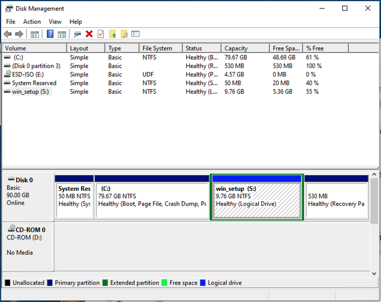 Create a new partition to hold Windows installation files and drivers