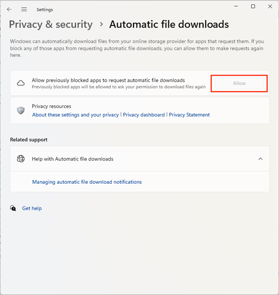 Automatic file downloads allow button