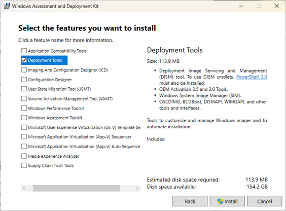 Windows Assessment and Deployment Kit features selection