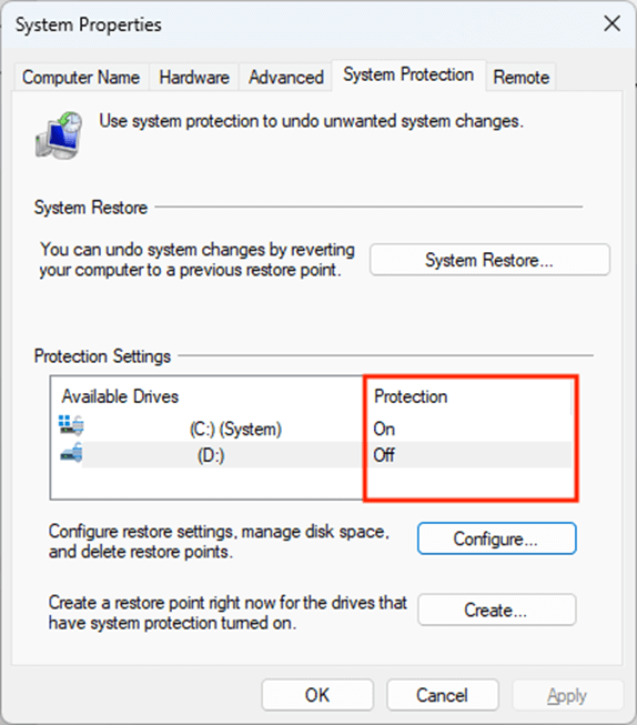 System Properties window showing drive protection status