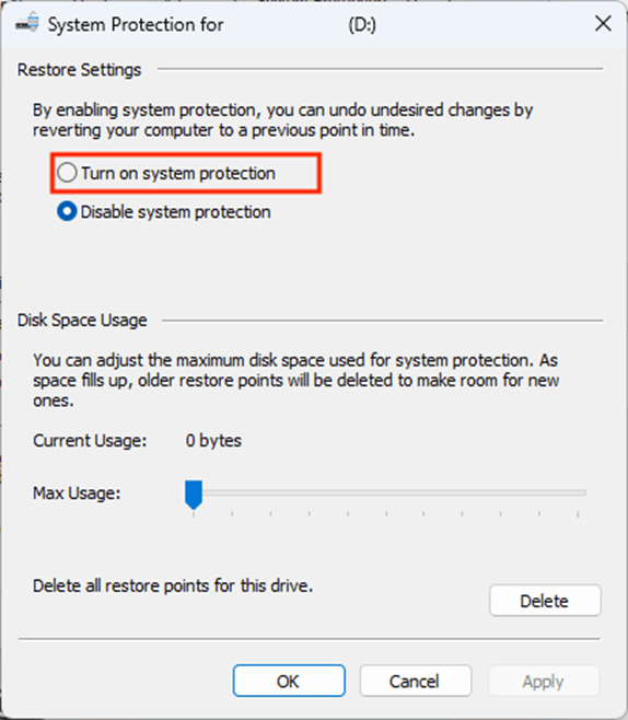System Protection restore settings