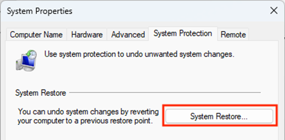 System Restore button in System Properties window