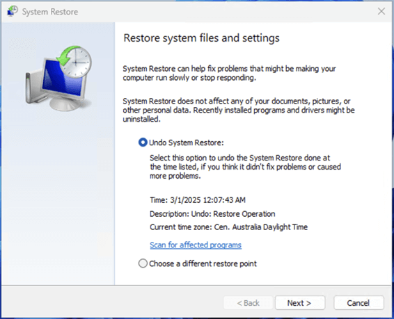 Undo System Restore settings