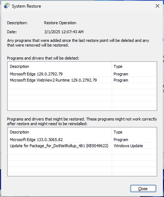 System Restore operation details