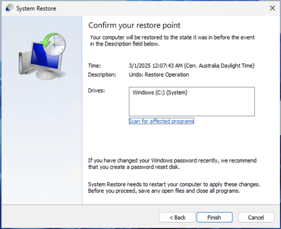 Restore point for system restore