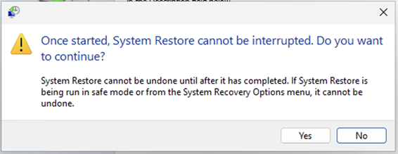 System restore confirmation dialog box