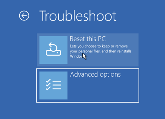 Advanced options under troubleshoot