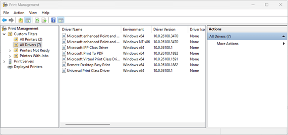 Print Management window showing a list of installed printer drivers