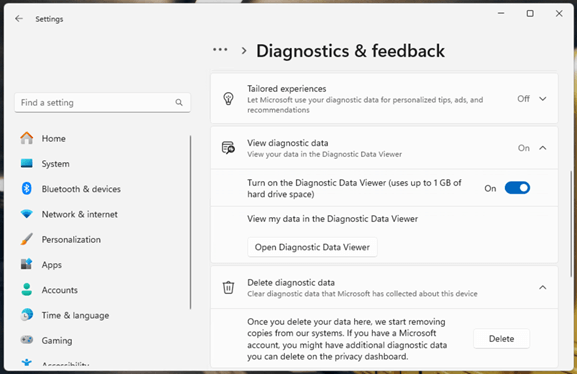 Diagnostics & feedback settings