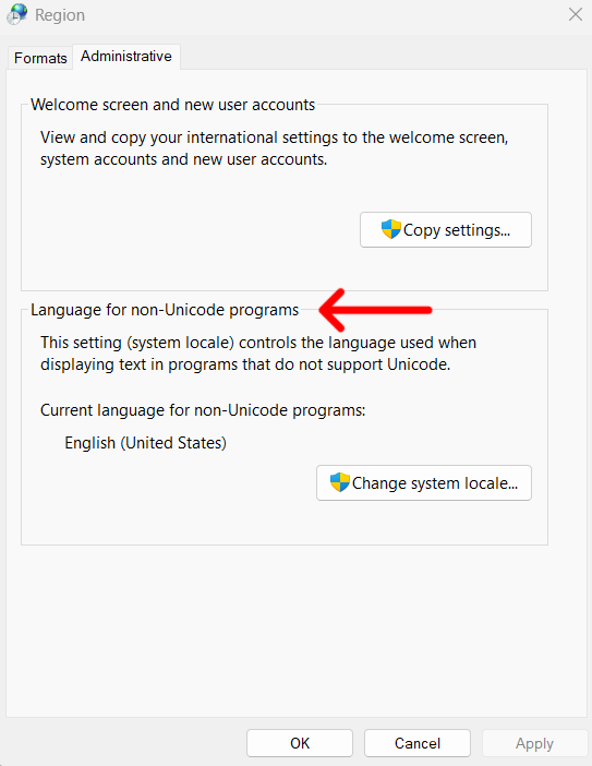 Checking system locale in the Control Panel's Region Administrative menu.