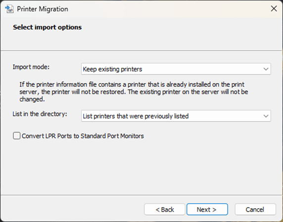  Printer Migration Wizard window with Import mode set to "Keep existing printers" or "Overwrite existing printers," list mode set to "List printers that were previously listed," and the option to "Convert LPR ports to Standard Printer Port Monitors" left unchecked