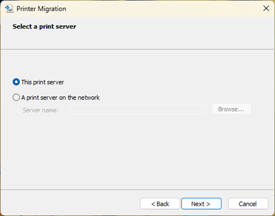 Printer Migration Settings selecting "This print server"