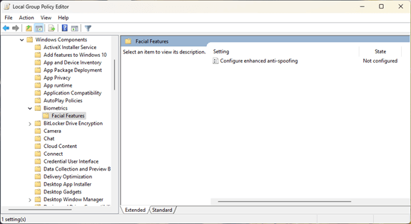 Windows Local Group Policy Editor window showing the process to enable or disable Enhanced Anti-Spoofing
