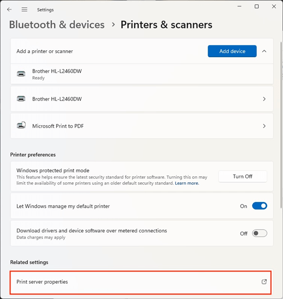 Settings window showing Printers & Scanners, highlighting Print Server Properties