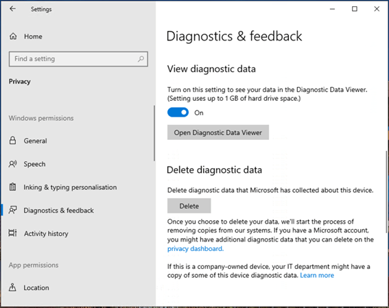 Diagnostics & feedback settings and View diagnostic data
