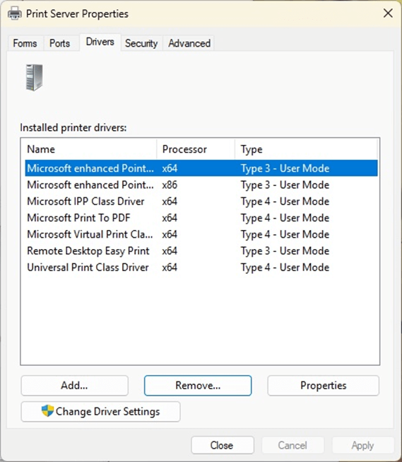 Print Server Properties window showing all installed printer drivers, with options to add or remove selected drivers