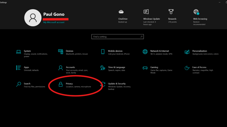 Wählen Sie die Option Datenschutz
