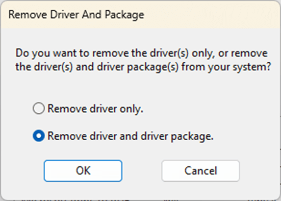 Remove Driver and Package window with 'Remove driver and driver package' selected