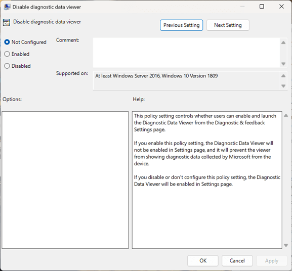Disable diagnostic data viewer settings