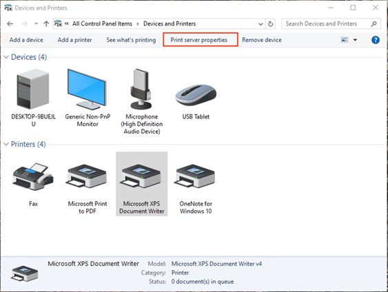 Devices and Printers window displaying available printers and the Print Server Properties option in the toolbar