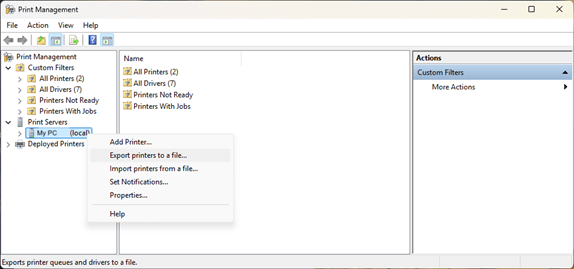 Windows Print Management Console interface showing options to back up and restore printer drivers and settings.