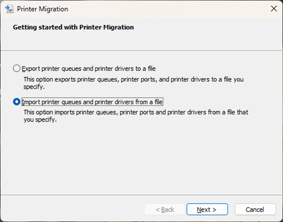 Printer Migration settings window with "Import printer queues and printer drivers from a file" selected and the Next button ready to be clicked