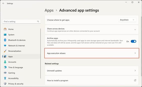 Alias de ejecución de aplicaciones en la configuración avanzada de aplicaciones