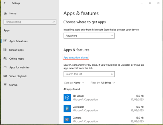 Aplicaciones y características alias de ejecucción de aplicaciones