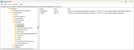 Rutas de aplicación del editor del registro