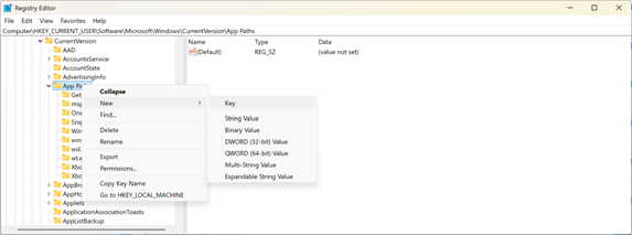 Crear una nueva clave debajo de App Paths