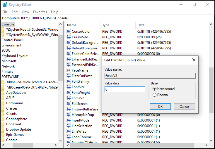 Registry Editor window
