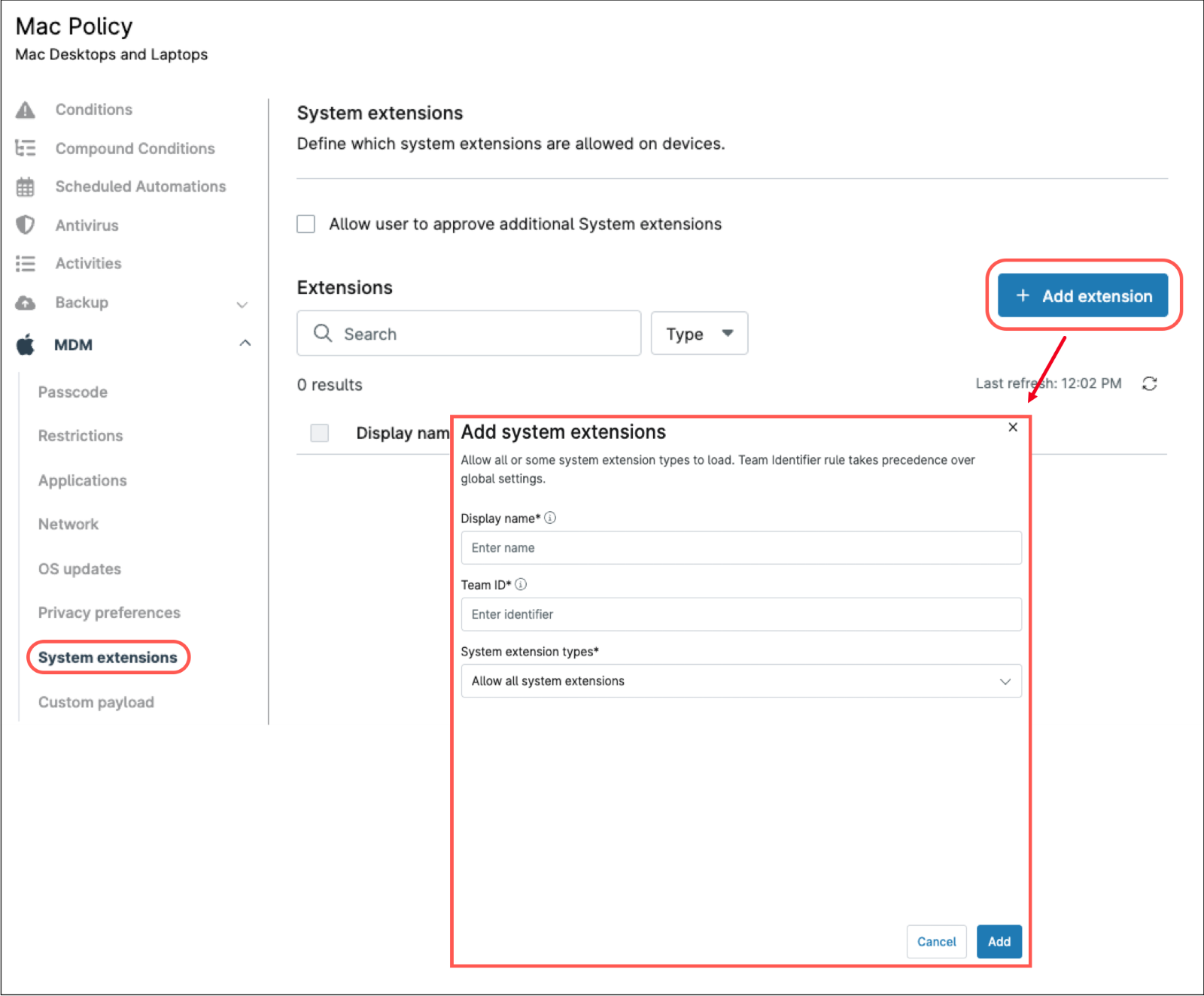 Add system extension dialog box