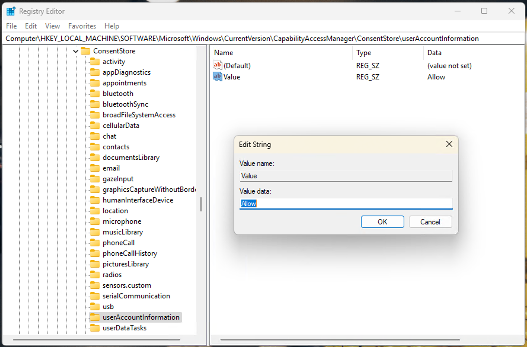 Registry editor dialog box