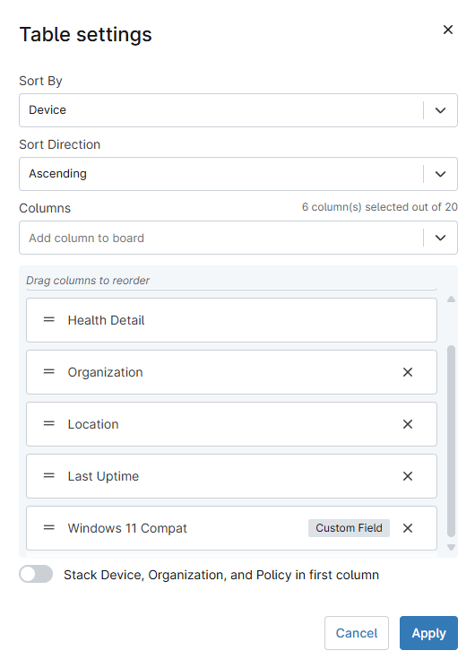Table settings dialog box