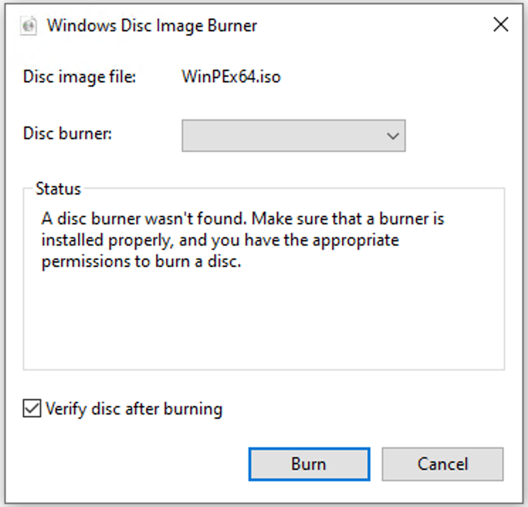 Windows disc image burner dialog box