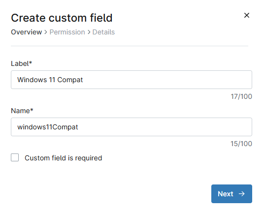 Create custom field dialog box
