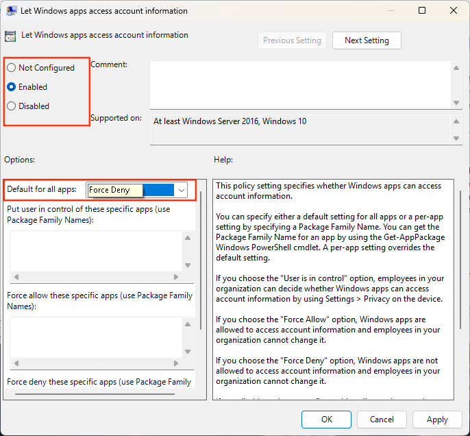 Let Windows apps access account information dialog box
